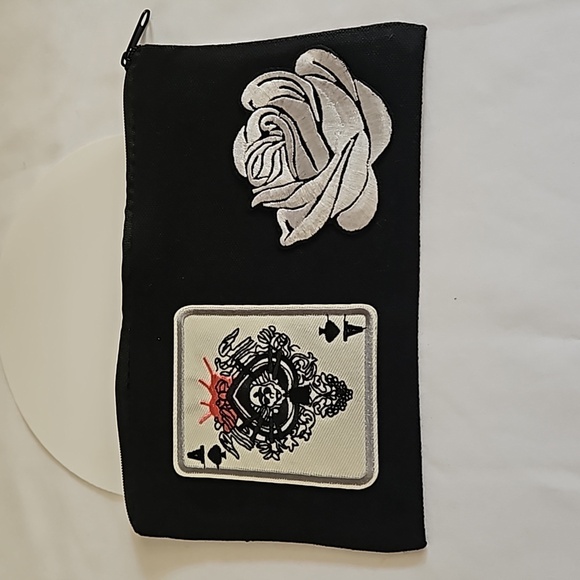 Hand Crafted Black Canvas Cosmetic Bag Pencil case Iron transfer Floral design - Picture 1 of 17